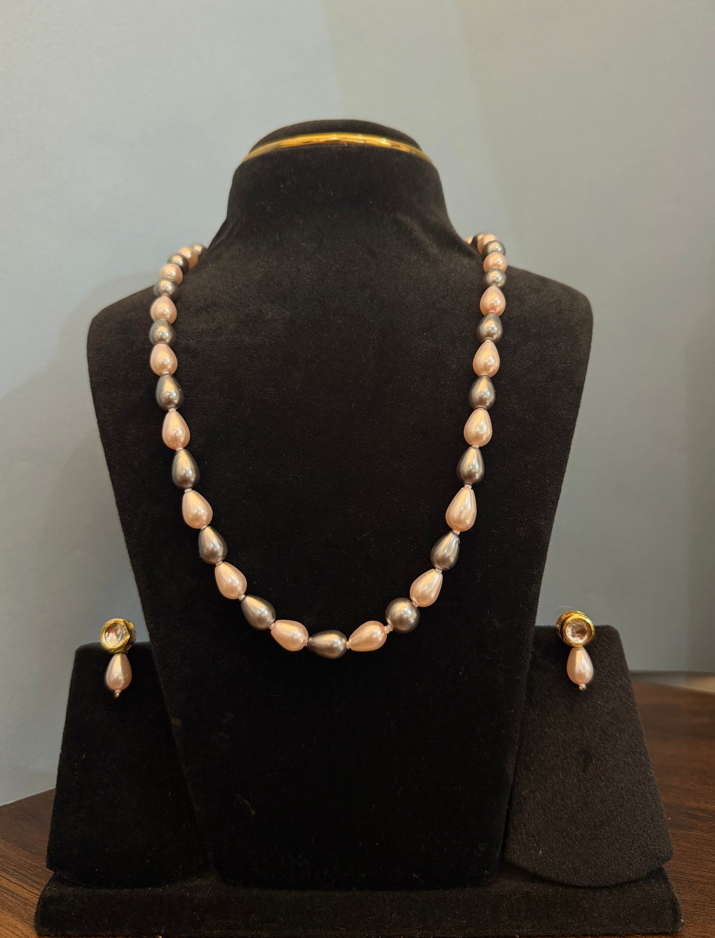 Pink and Grey drop Pearl Necklace with Earrings