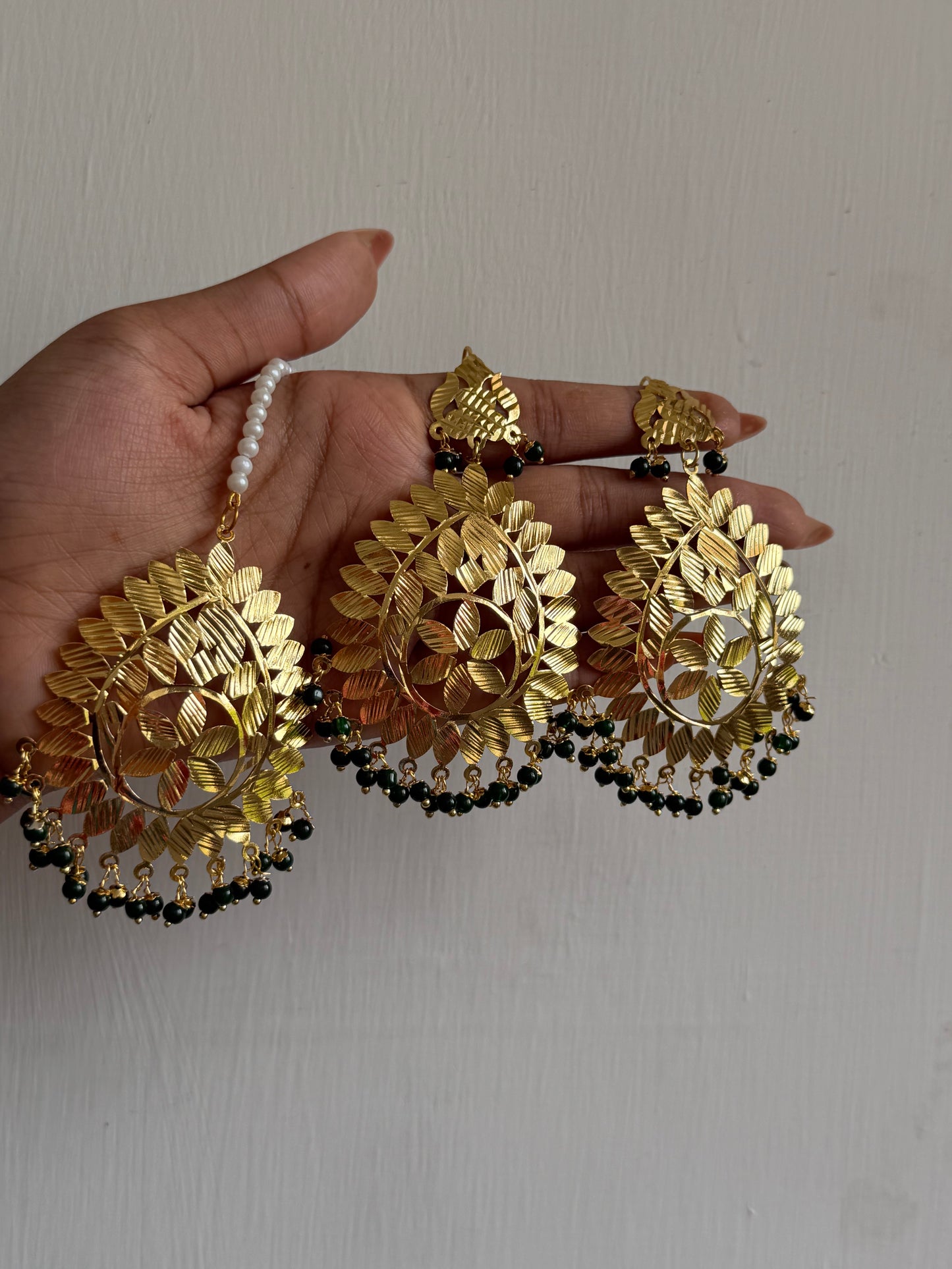 Emerald Bead Pearl Gold Patiyala Necklace with Earrings and Maangtikka Set