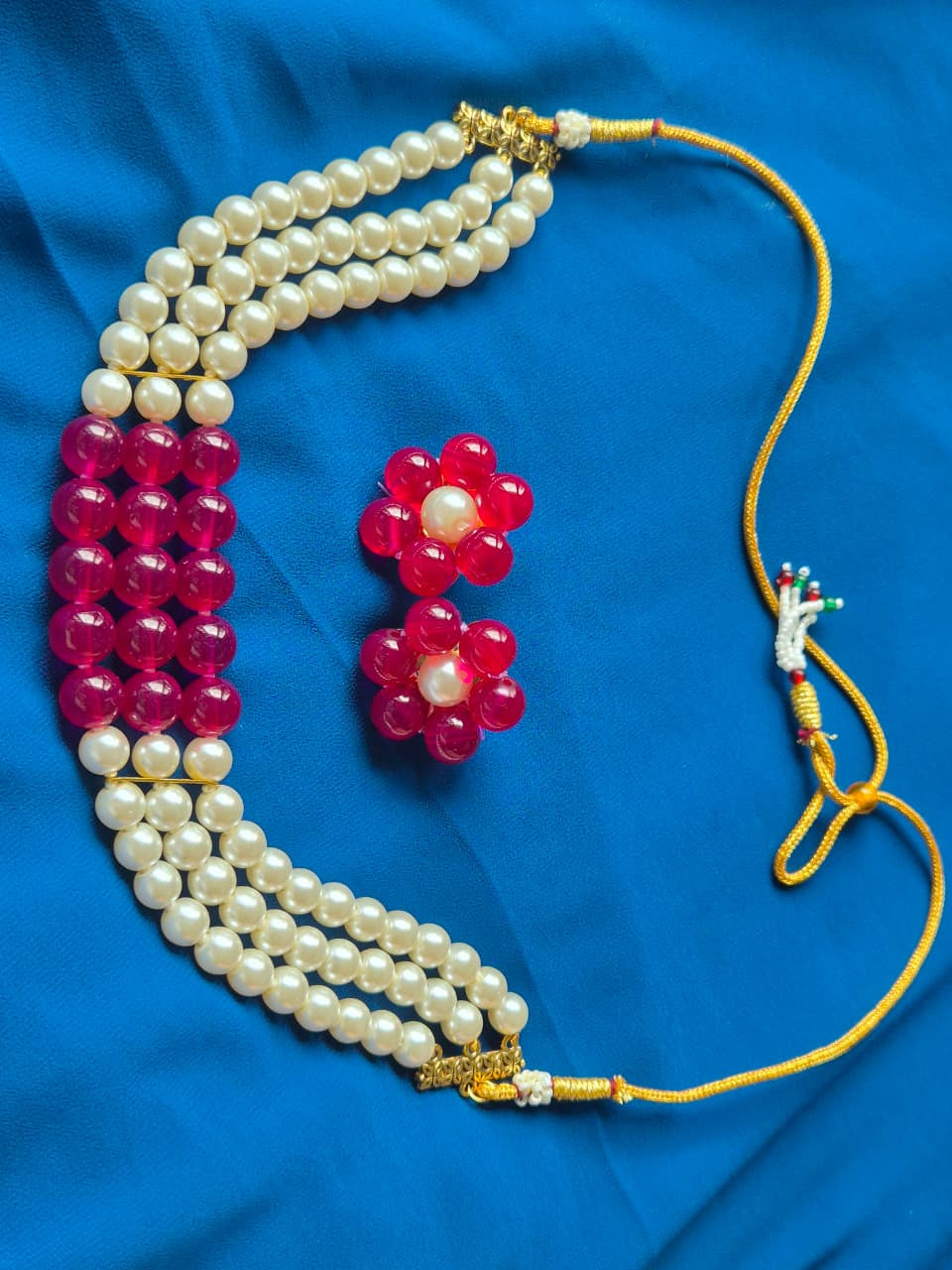 Vibrant Pink & Pearl Three-Strand Necklace & Earring Set