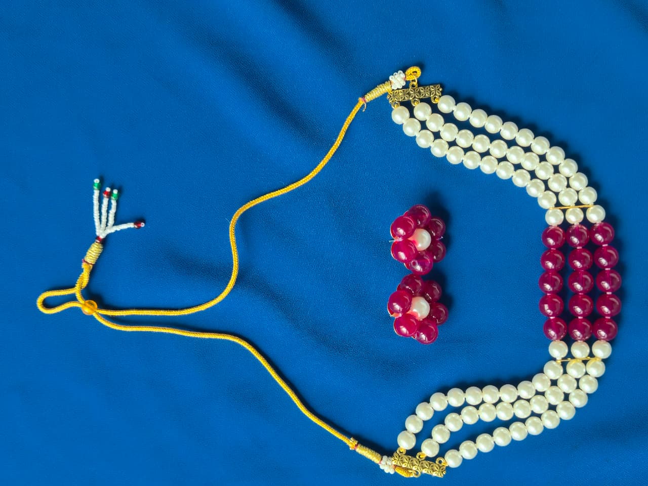 Vibrant Pink & Pearl Three-Strand Necklace & Earring Set