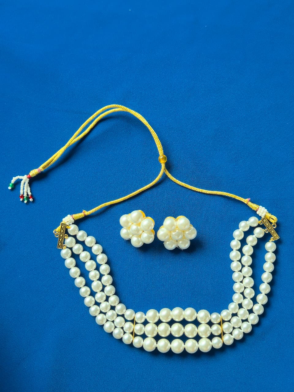 Classic White Three-Strand Pearl Necklace & Earring Set