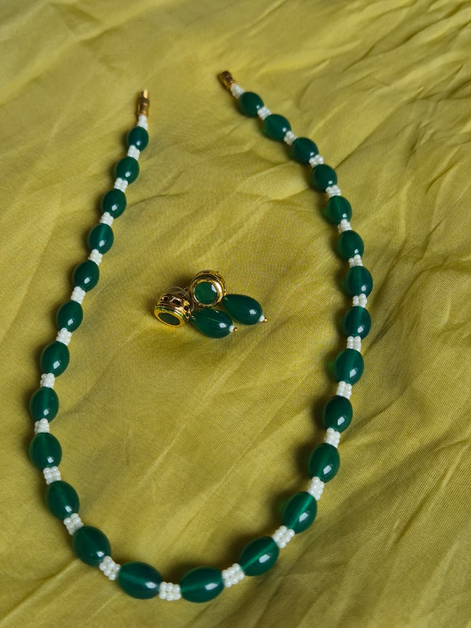 Elegant Green & White Bead Necklace & Earring Set