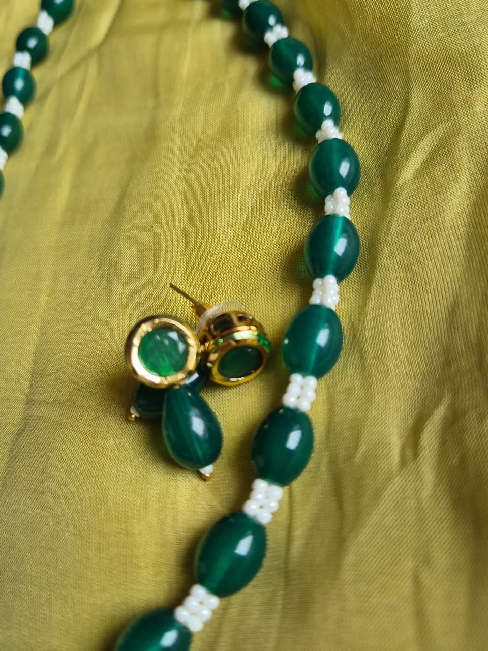 Elegant Green & White Bead Necklace & Earring Set