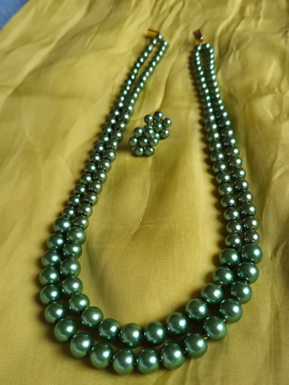 Lustrous Two-Strand Sage Green Pearl Necklace & Earring Set