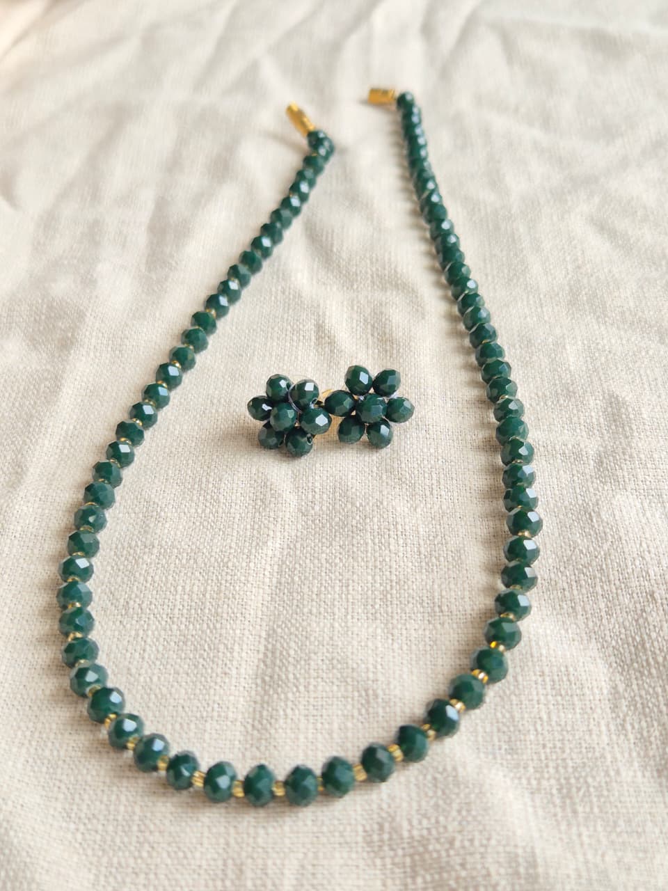 Diamond Cut Sparkling Emerald-Green Bead Necklace and Earring Set