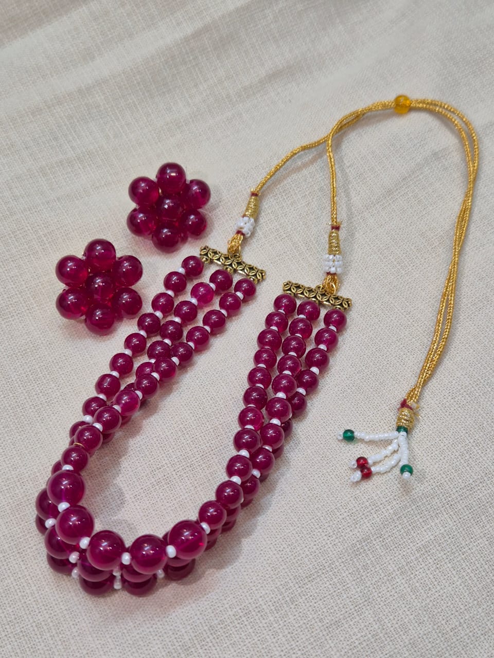 Stunning Multi-Strand Maroon Bead Necklace & Earring Set