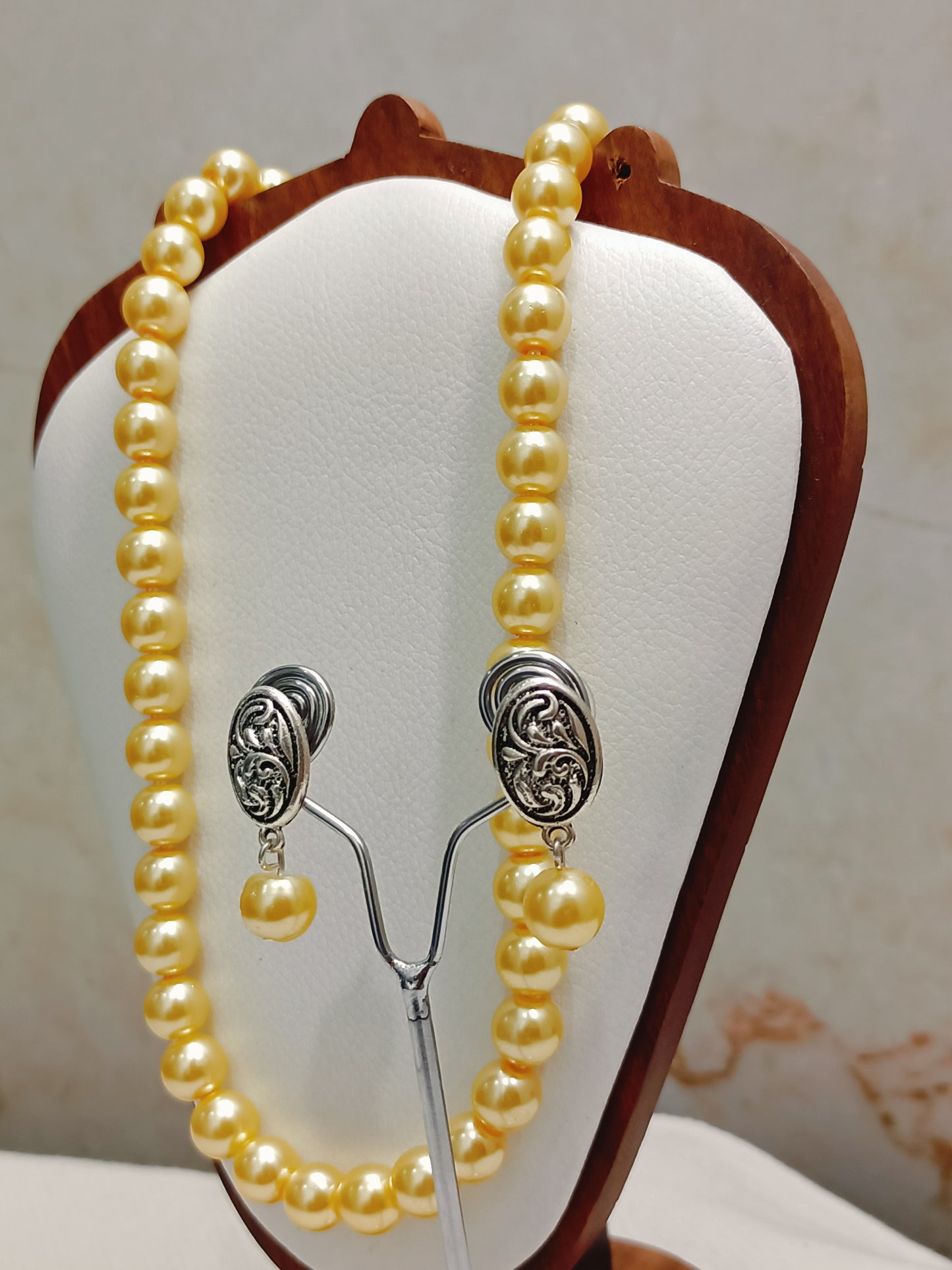 Bright Yellow Pearl Necklace With Oxidised Earrings