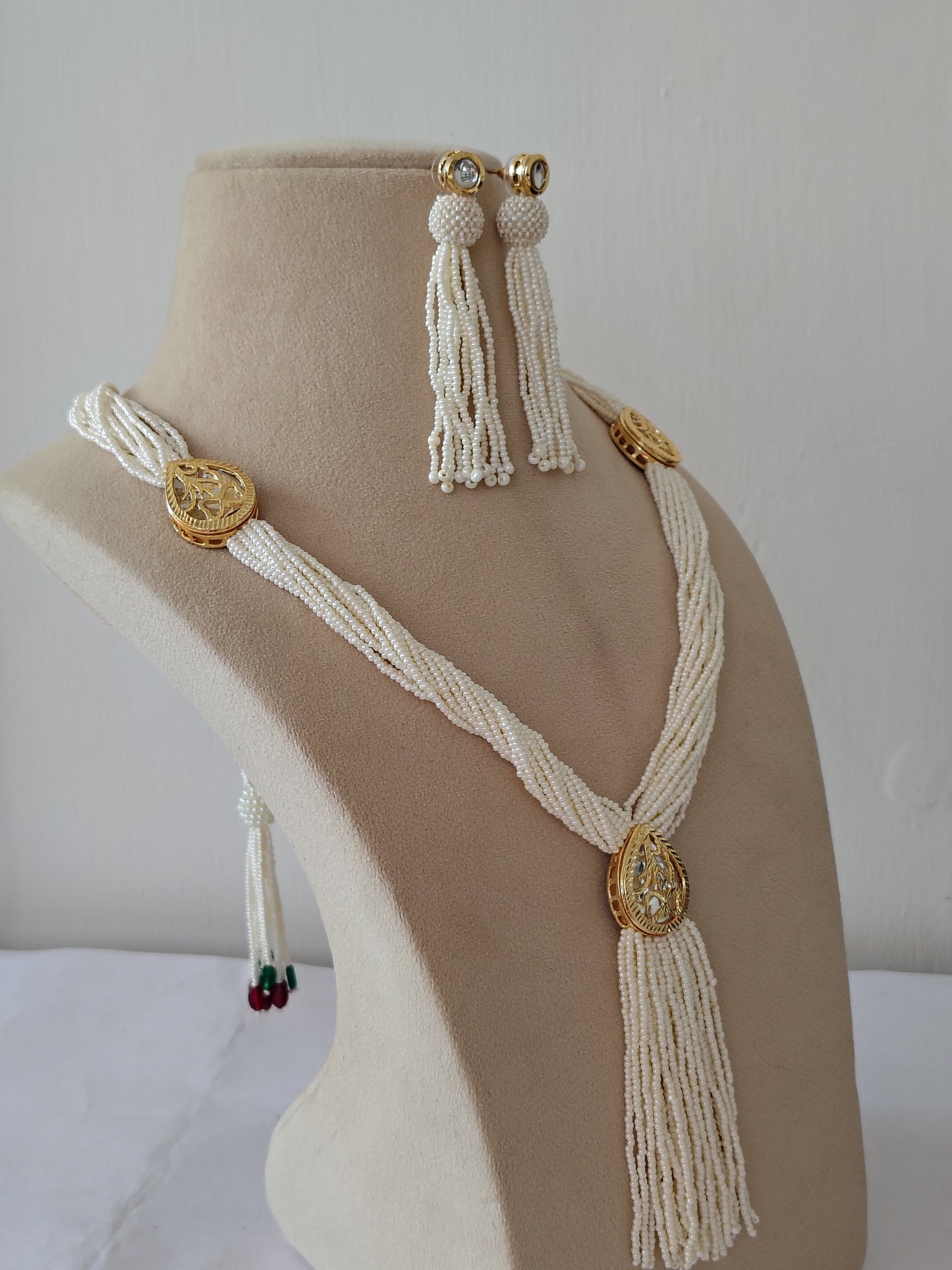 Imperial White Pearl Tassel & Gold Filigree Set & Matching Earrings