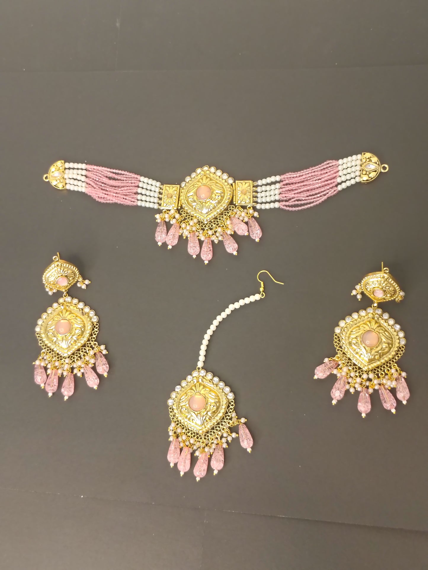 Sparkling Gold and Pink Choker with Earrings
