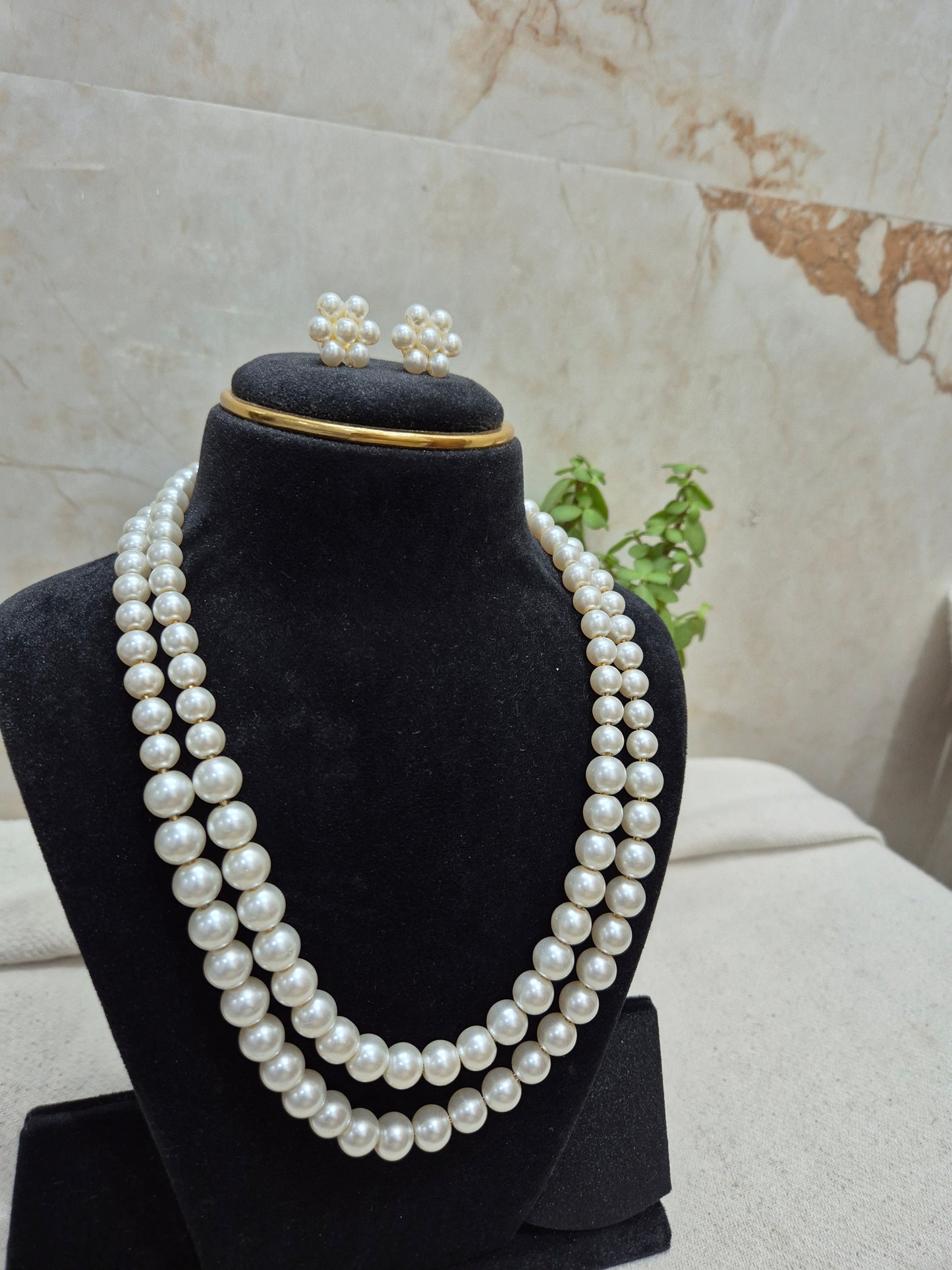 Classic White Pearl double Layer With Earrings