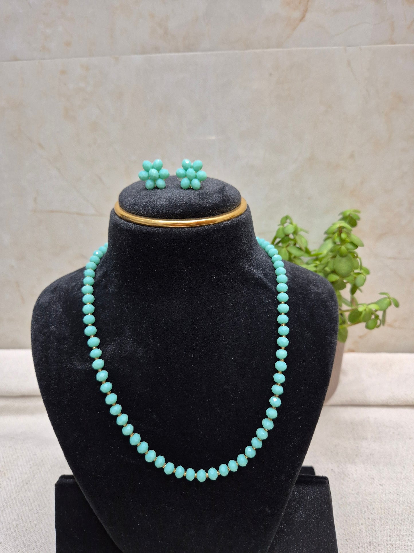 Charming Aqua Blue Diamond Cut Bead Necklace & Earring Set