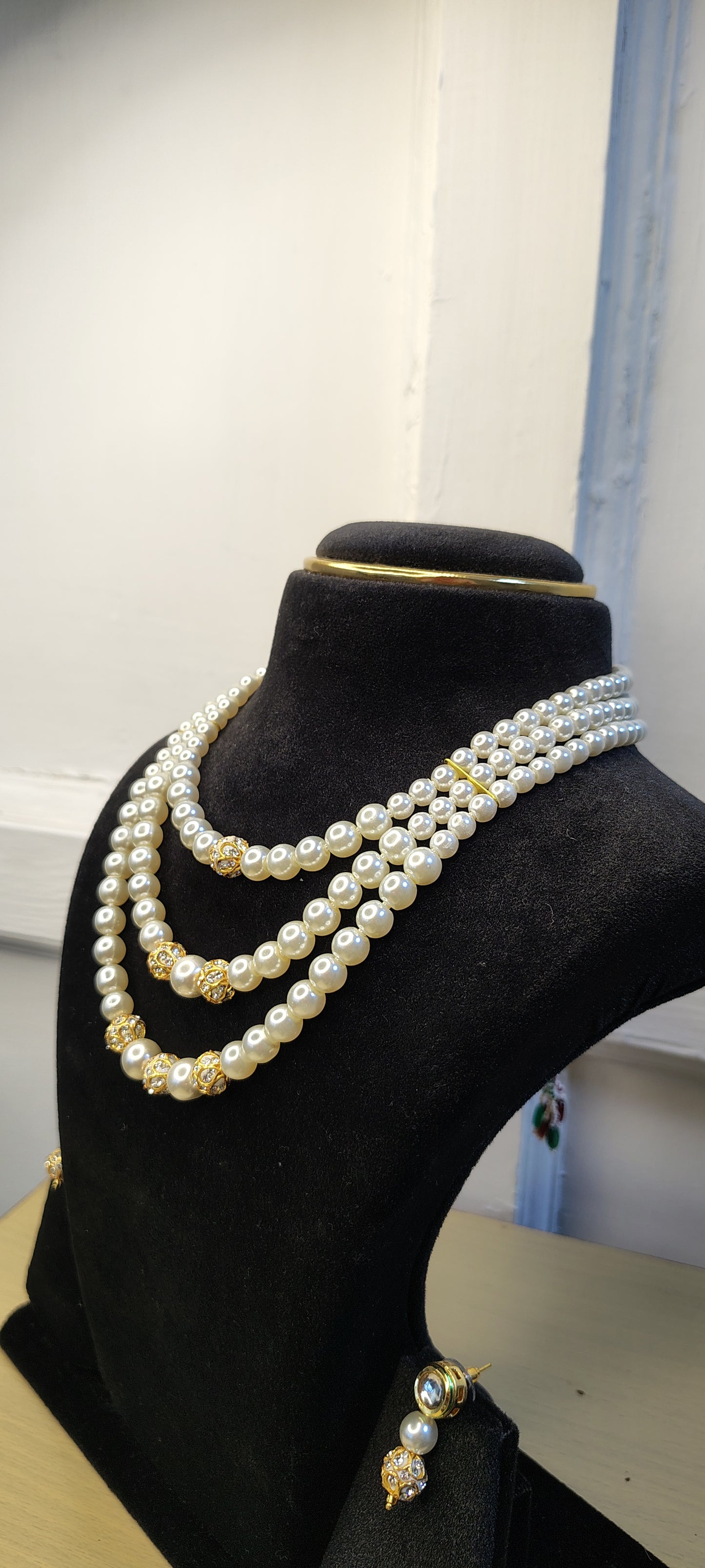 3 Layer Peral White & Golden with Earrings Necklace