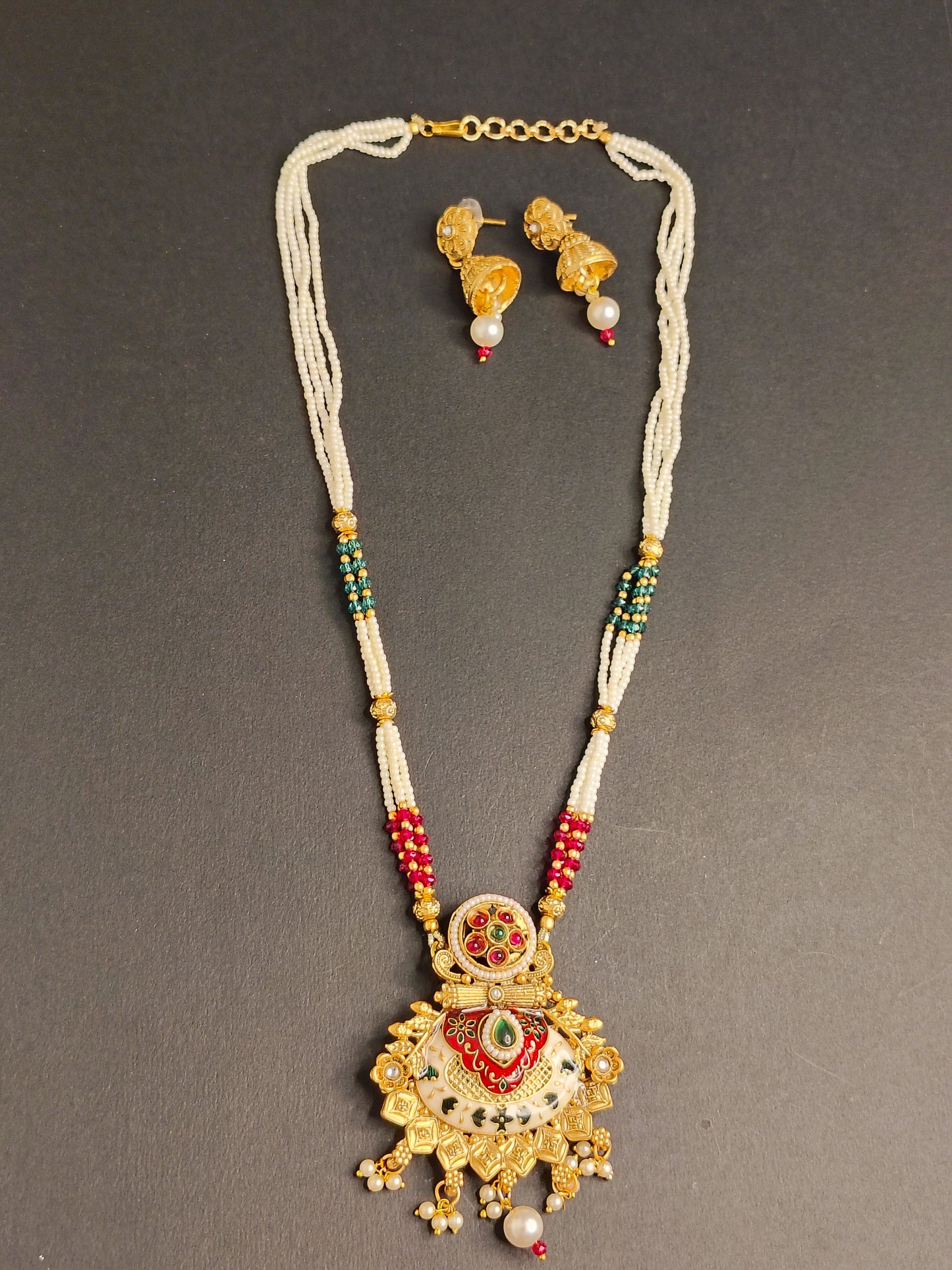 Royal Multi Colour Long Necklace With Matching Earrings