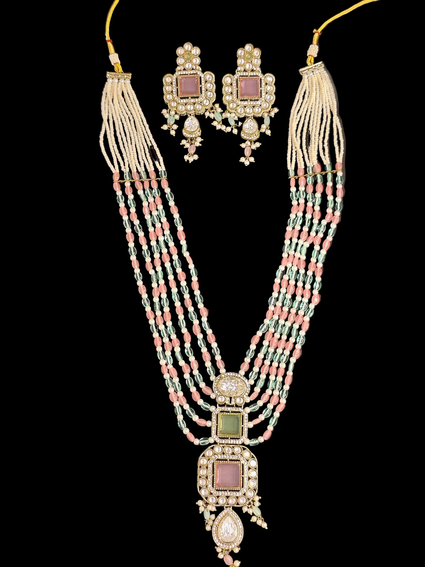 Royal light Pink & Green Shade Long Necklace With Matching Earrings