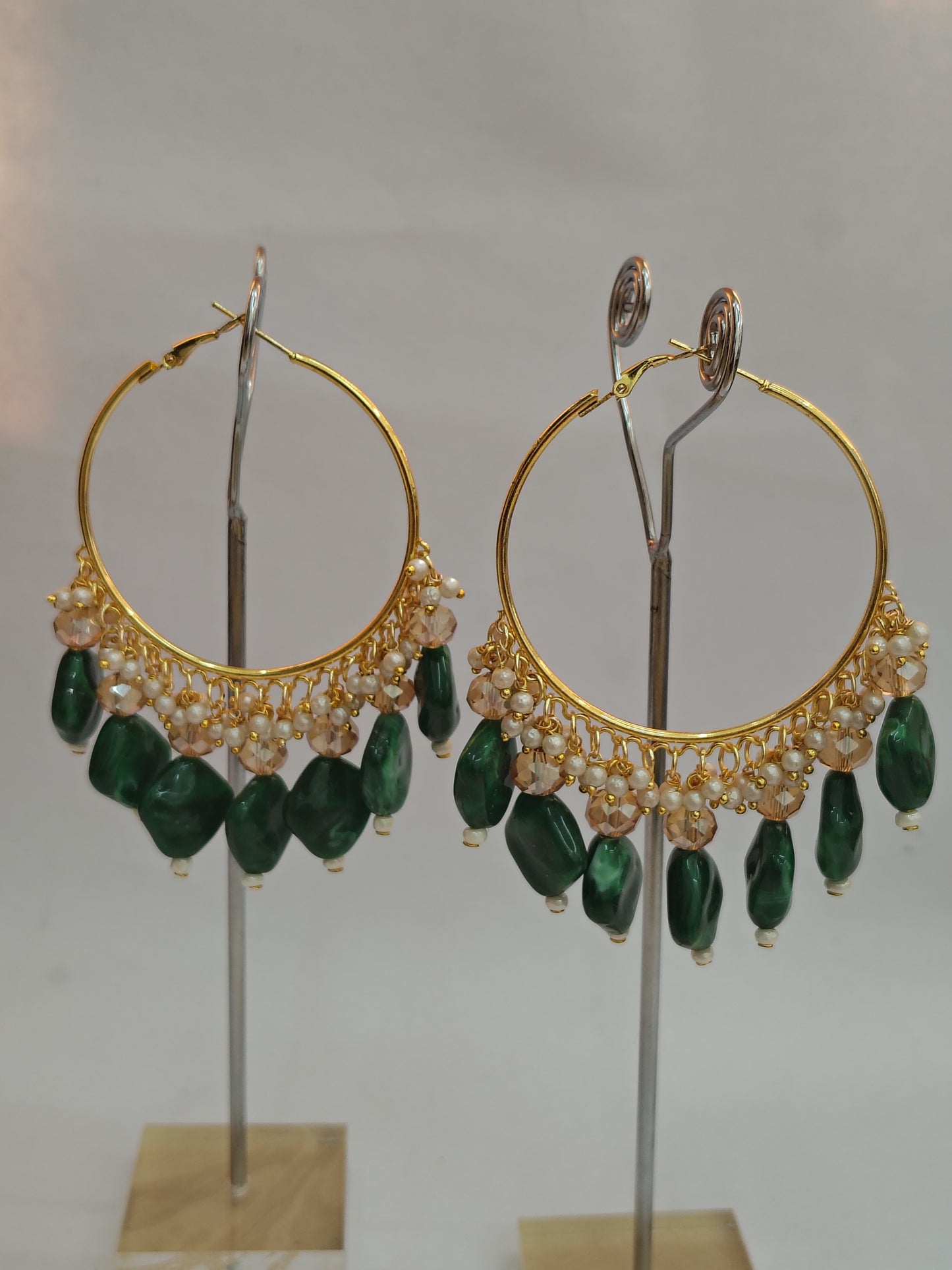 Golden Metal Hoop With Bright Green Stone DB00225
