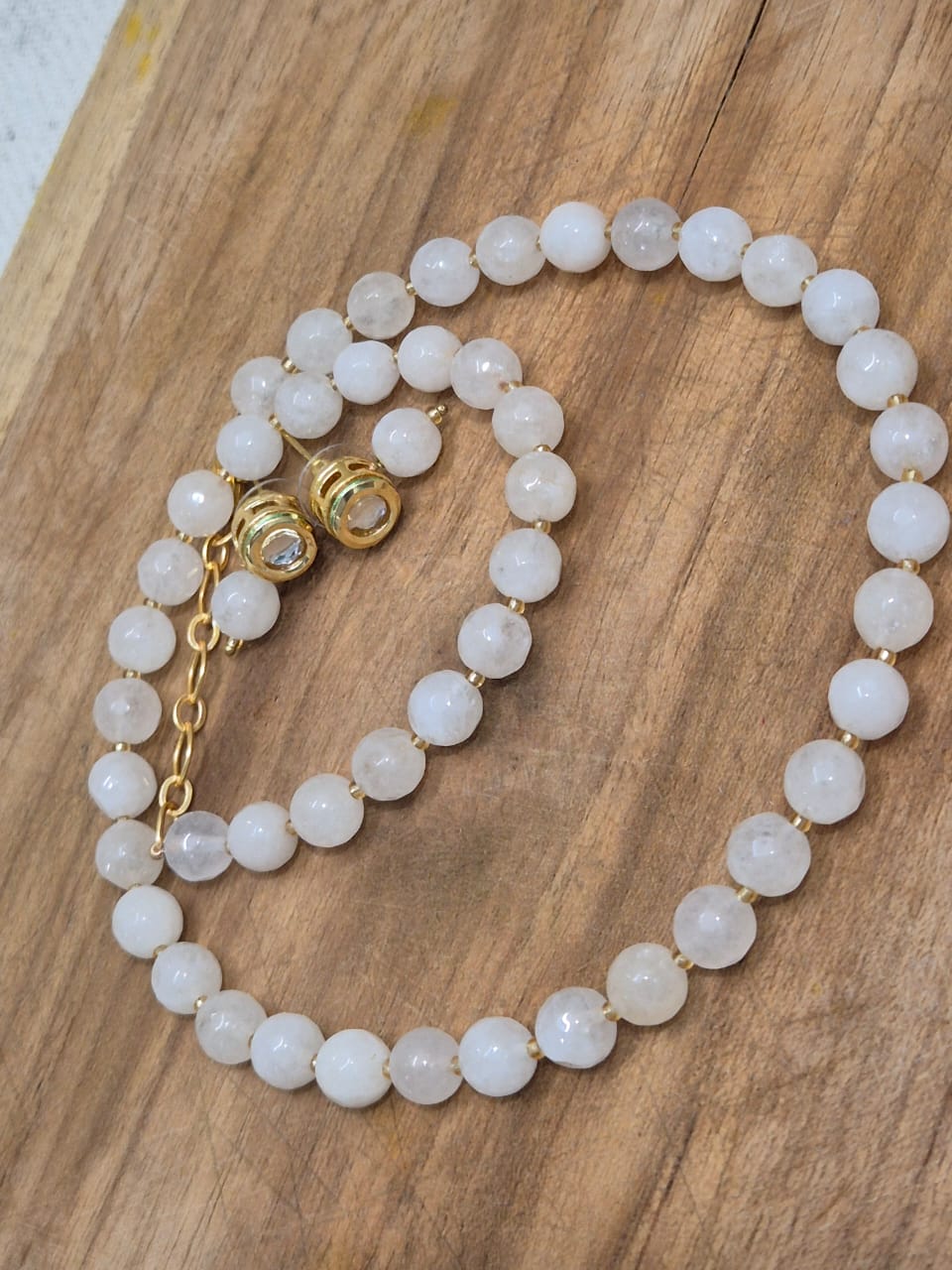 Onyx Milky White Beads Necklace With Golden Metal Earrings
