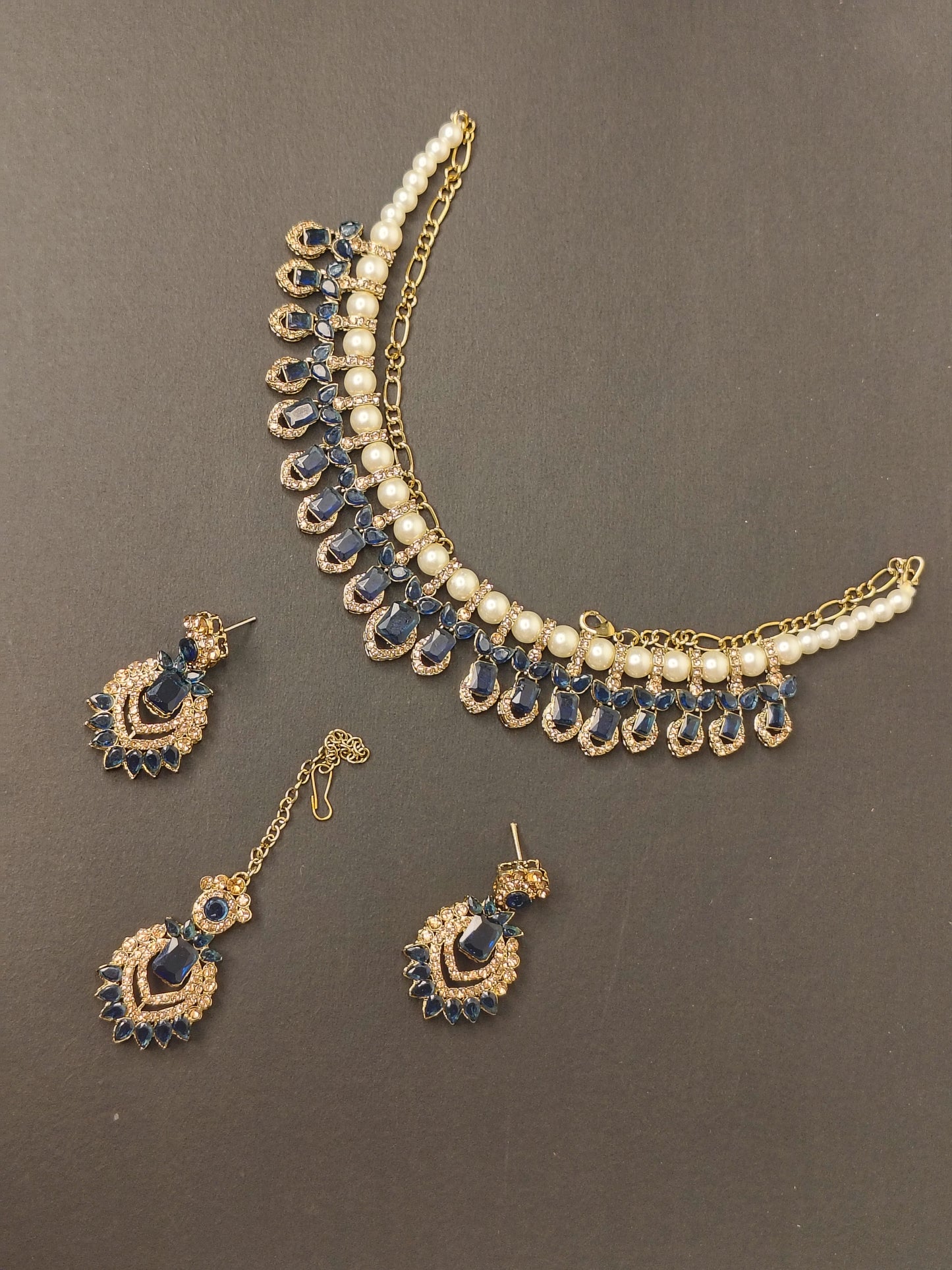 Royal Kundan Blue & Golden With Pearl & Earrings With Maang Tikka Statement Choker DB00161