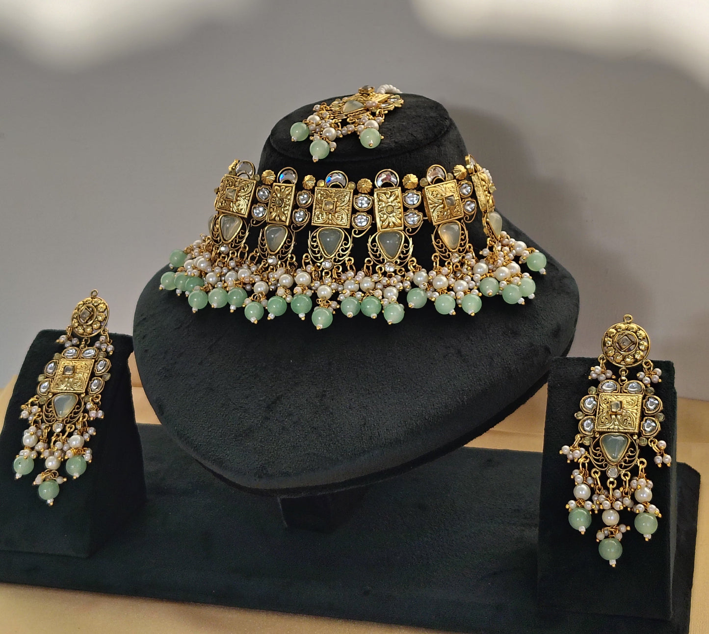 Royal Mint Green & Gold Temple Choker Set Matching Maang Tikka & Earrings