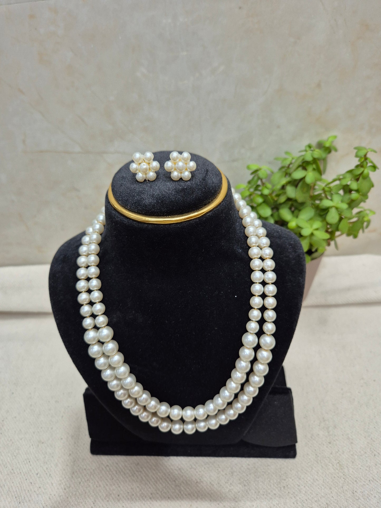 Classic White Pearl double Layer With Earrings