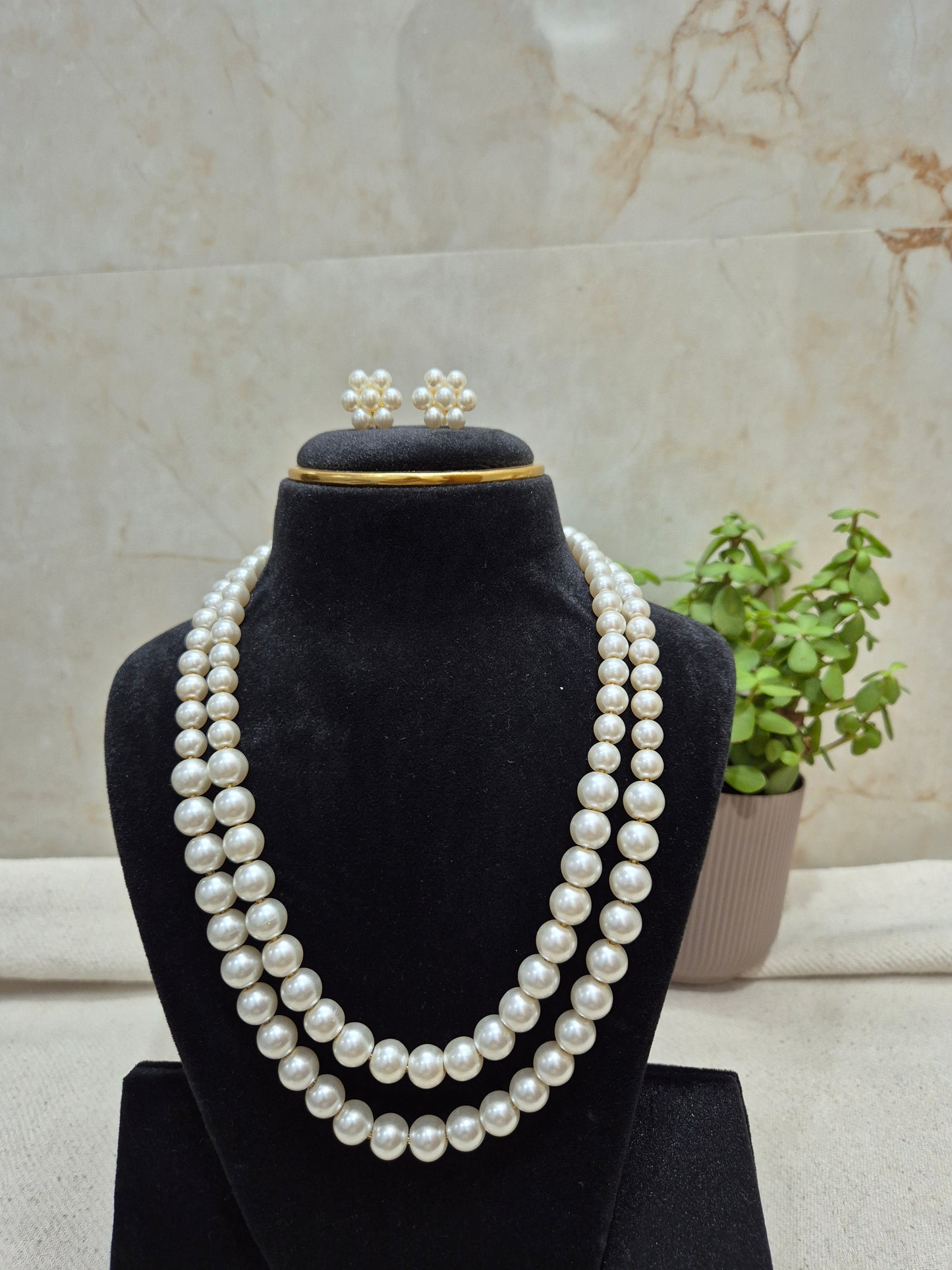 Classic White Pearl double Layer With Earrings