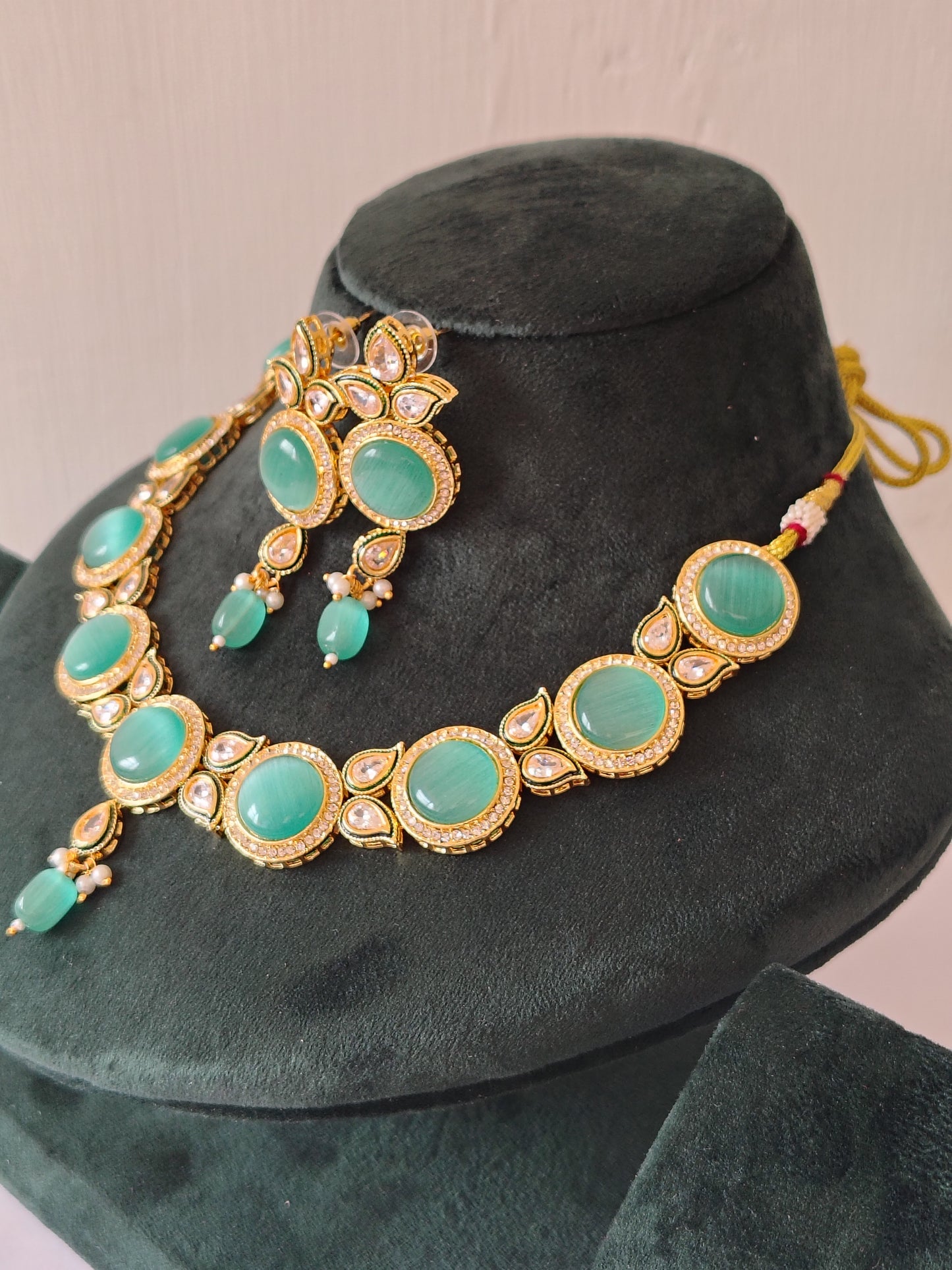 Premium Sea Green Shade Stone Studded Necklace With Earrings