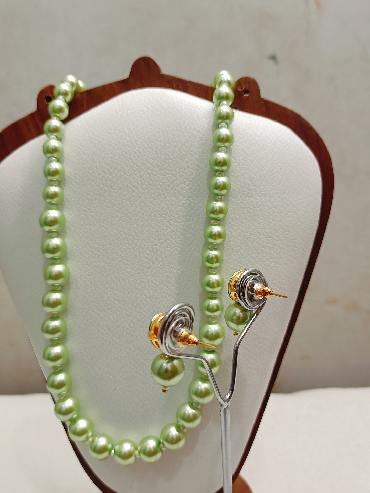 Premium Green Shade Pearls With Golden Metal Earrings