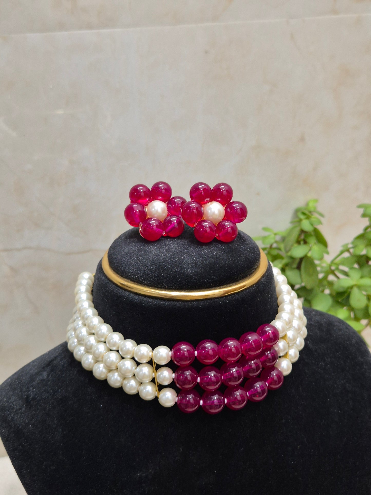 Vibrant Pink & Pearl Three-Strand Necklace & Earring Set