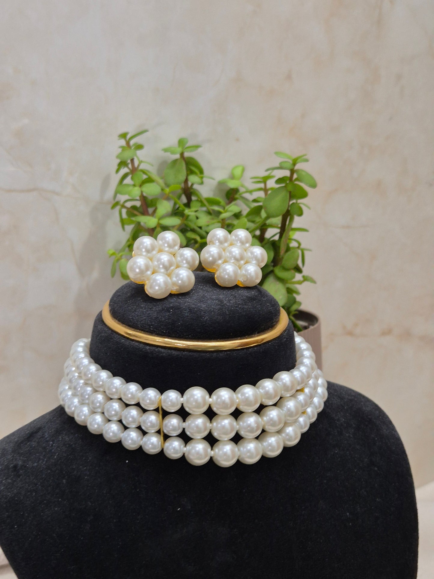 Classic White Three-Strand Pearl Necklace & Earring Set