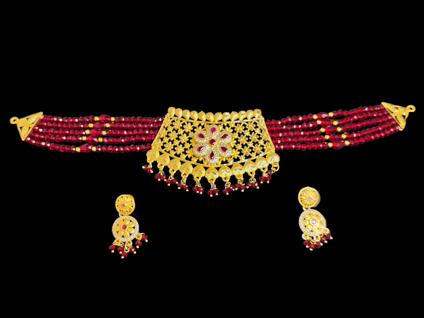 Red Golden Shade Choker With Earrings Set
