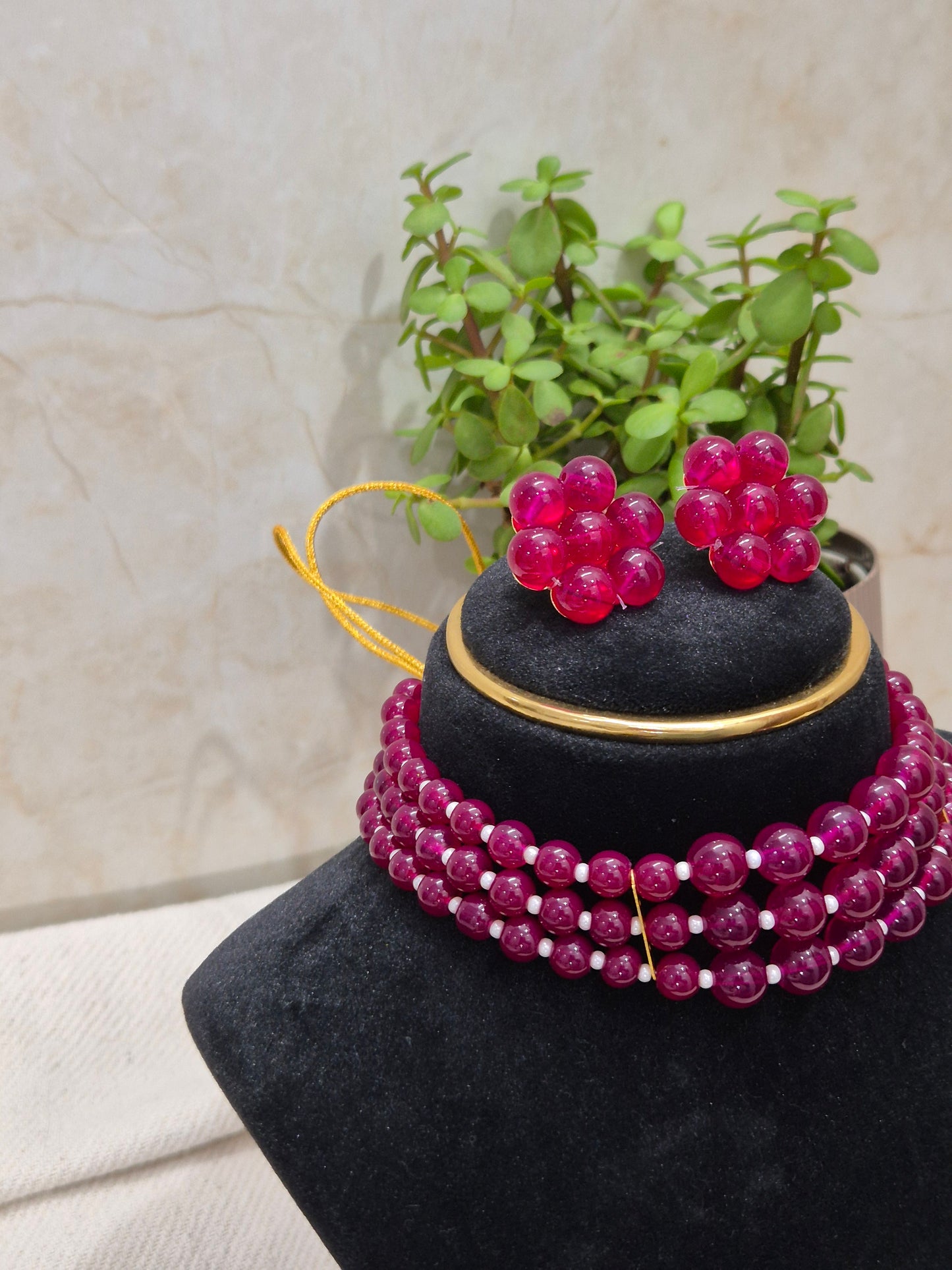 Stunning Multi-Strand Maroon Bead Necklace & Earring Set