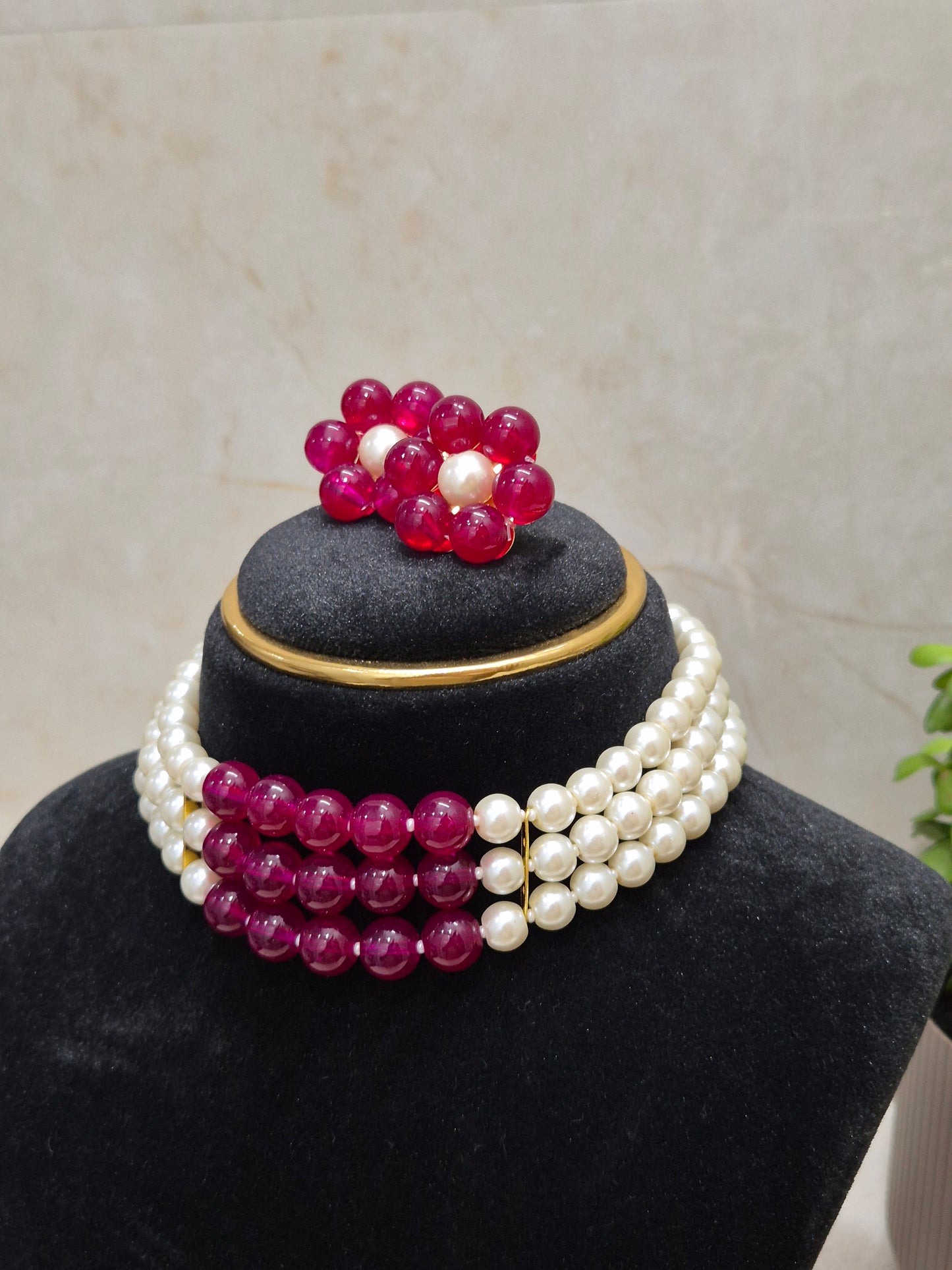 Vibrant Pink & Pearl Three-Strand Necklace & Earring Set