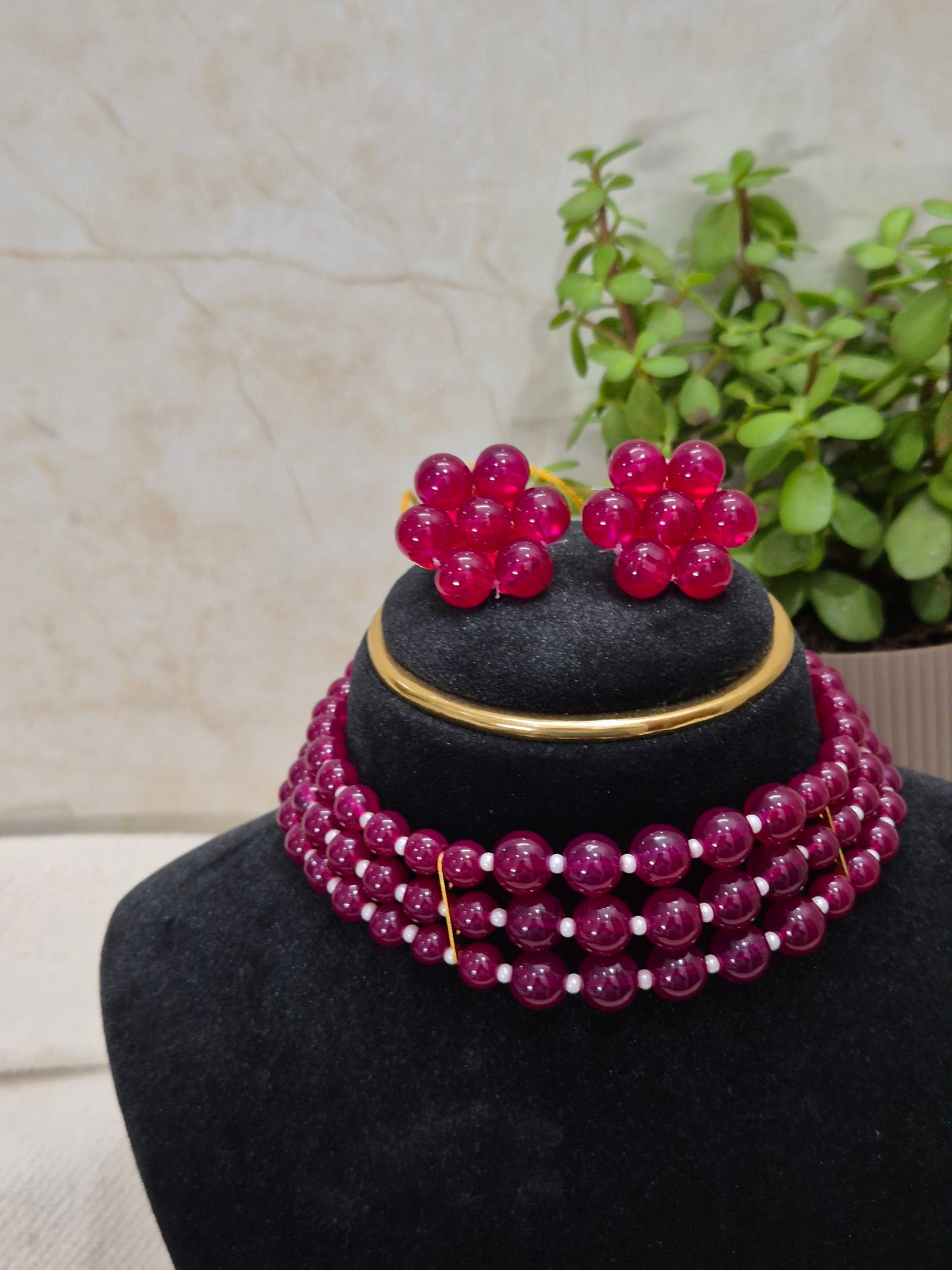 Stunning Multi-Strand Maroon Bead Necklace & Earring Set