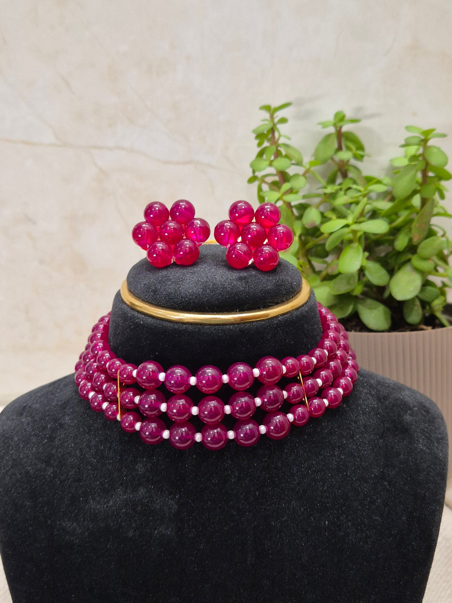 Stunning Multi-Strand Maroon Bead Necklace & Earring Set