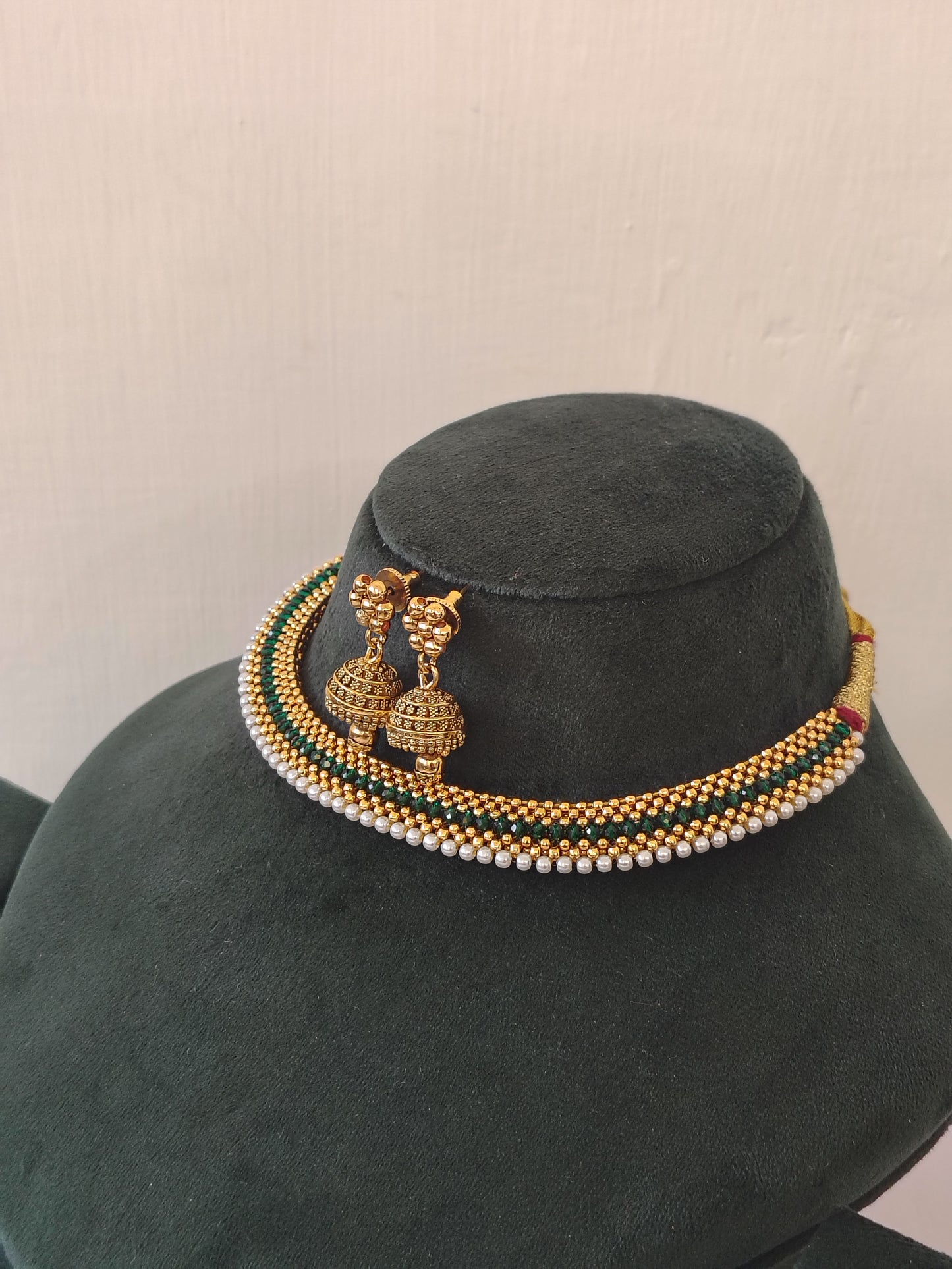 Green Red Gold-Plated Choker & Jhumka Jewelry Set With Earrings