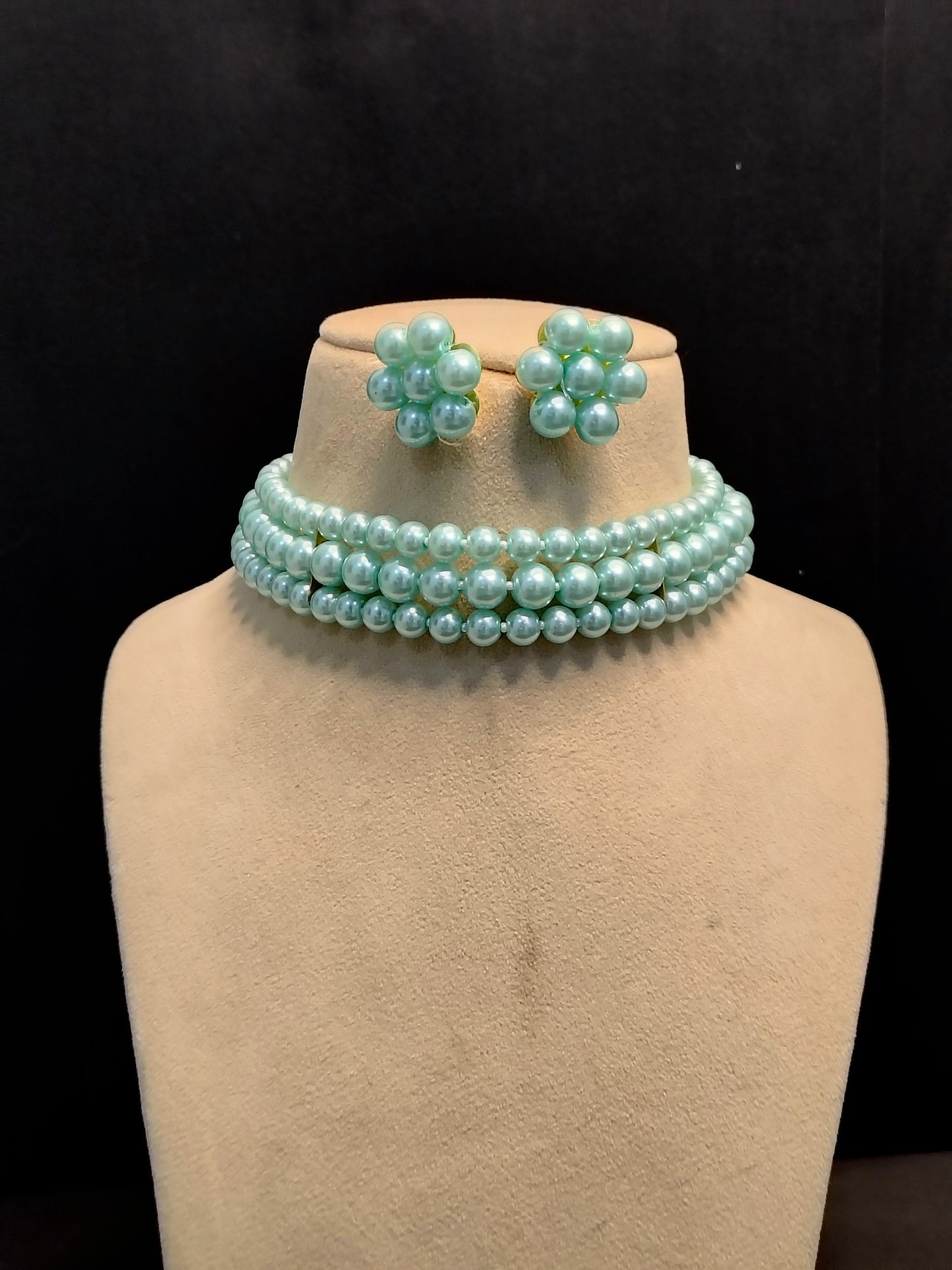 Sky Blue Pearl 3 Layer With Earrings Choker Set
