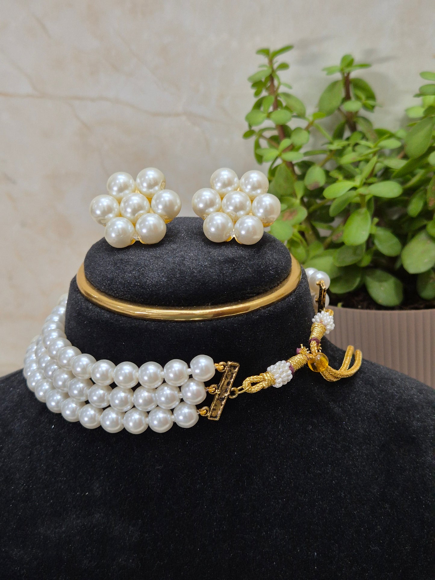Classic White Three-Strand Pearl Necklace & Earring Set
