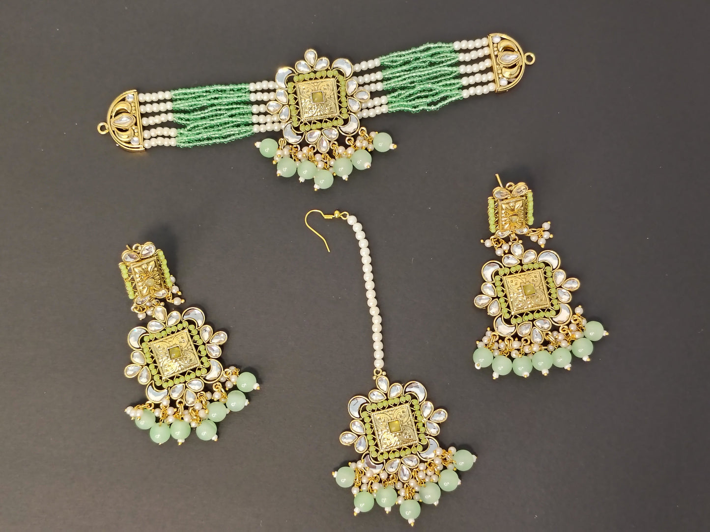 Forest Green Choker Set with Long Earrings