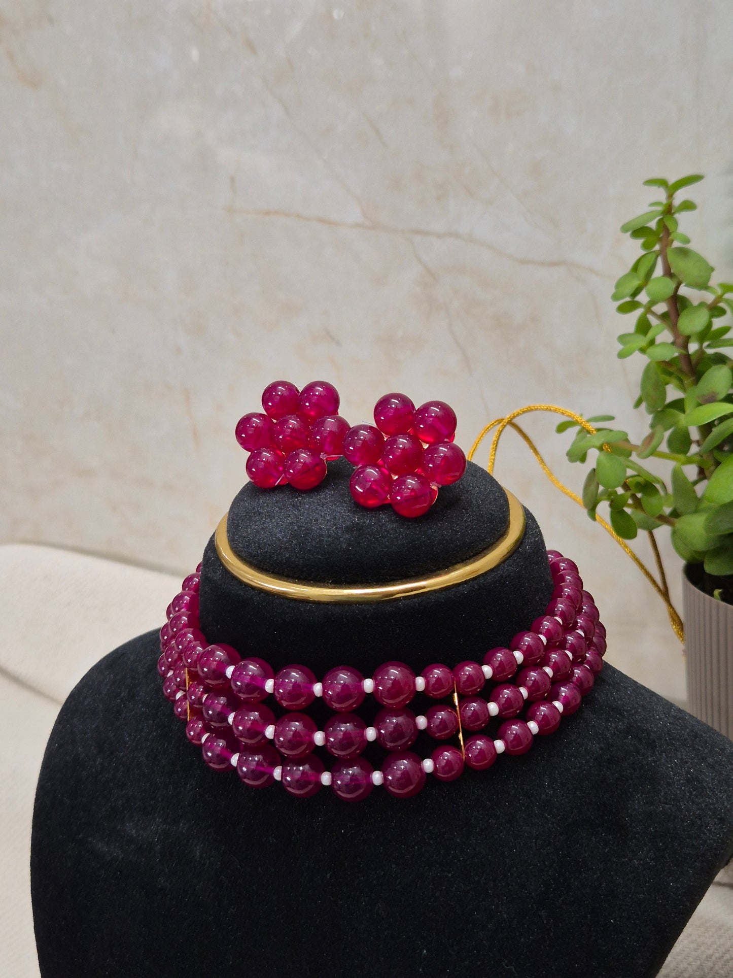 Stunning Multi-Strand Maroon Bead Necklace & Earring Set