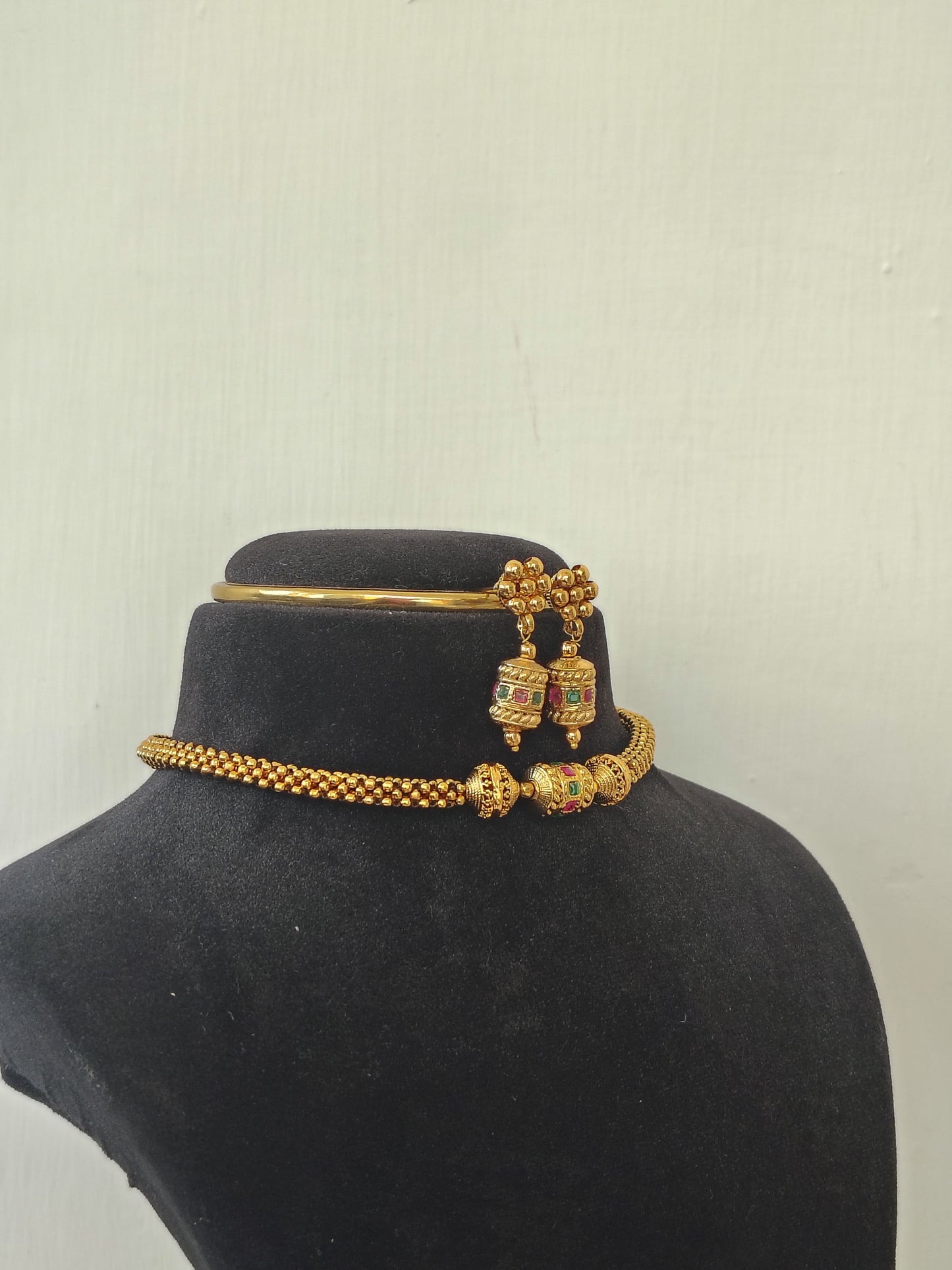 Dainty Gold-Plated Bead Choker & Jhumka Set & Earrings