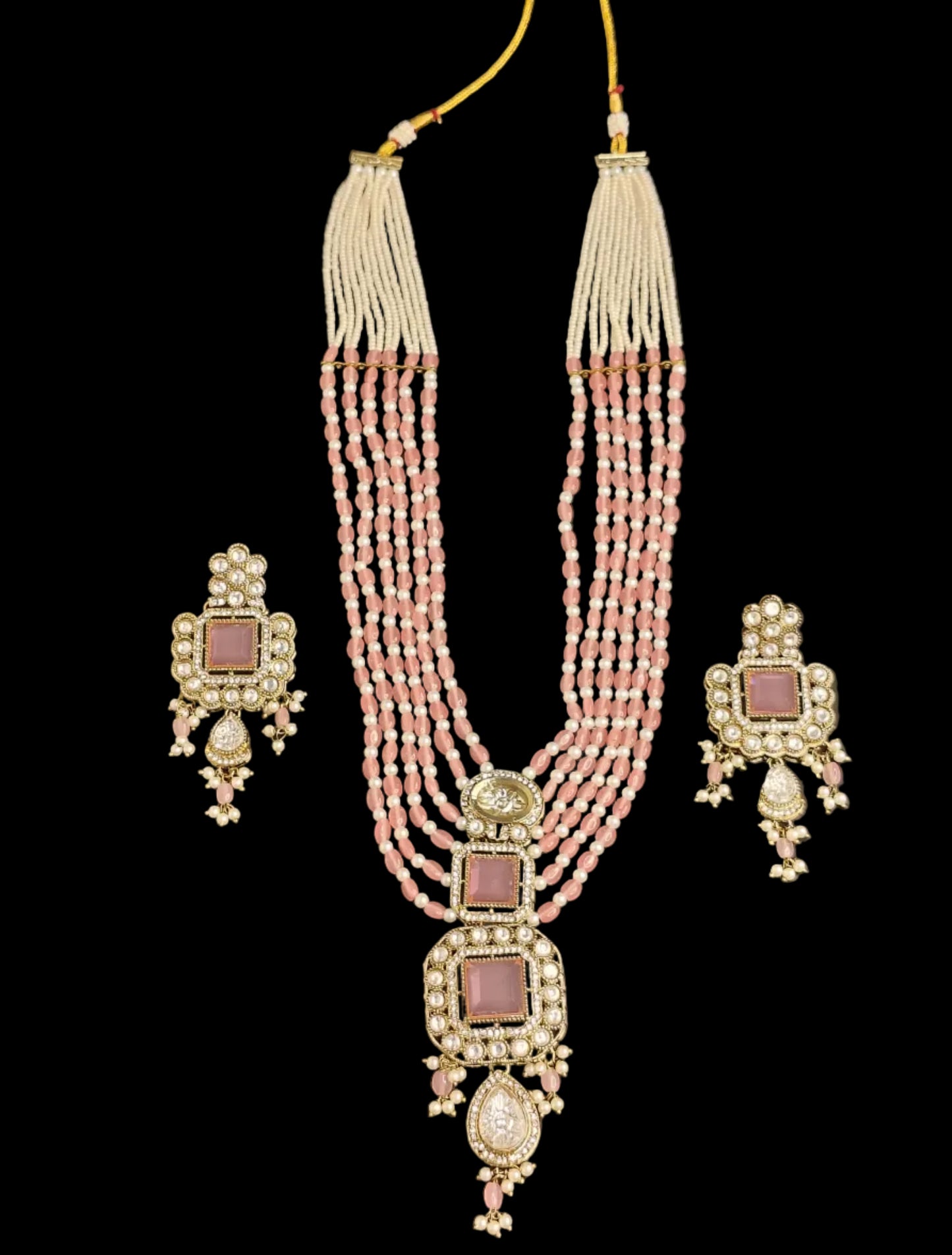 Royal White & Baby Pink Long Necklace With Matching Earrings