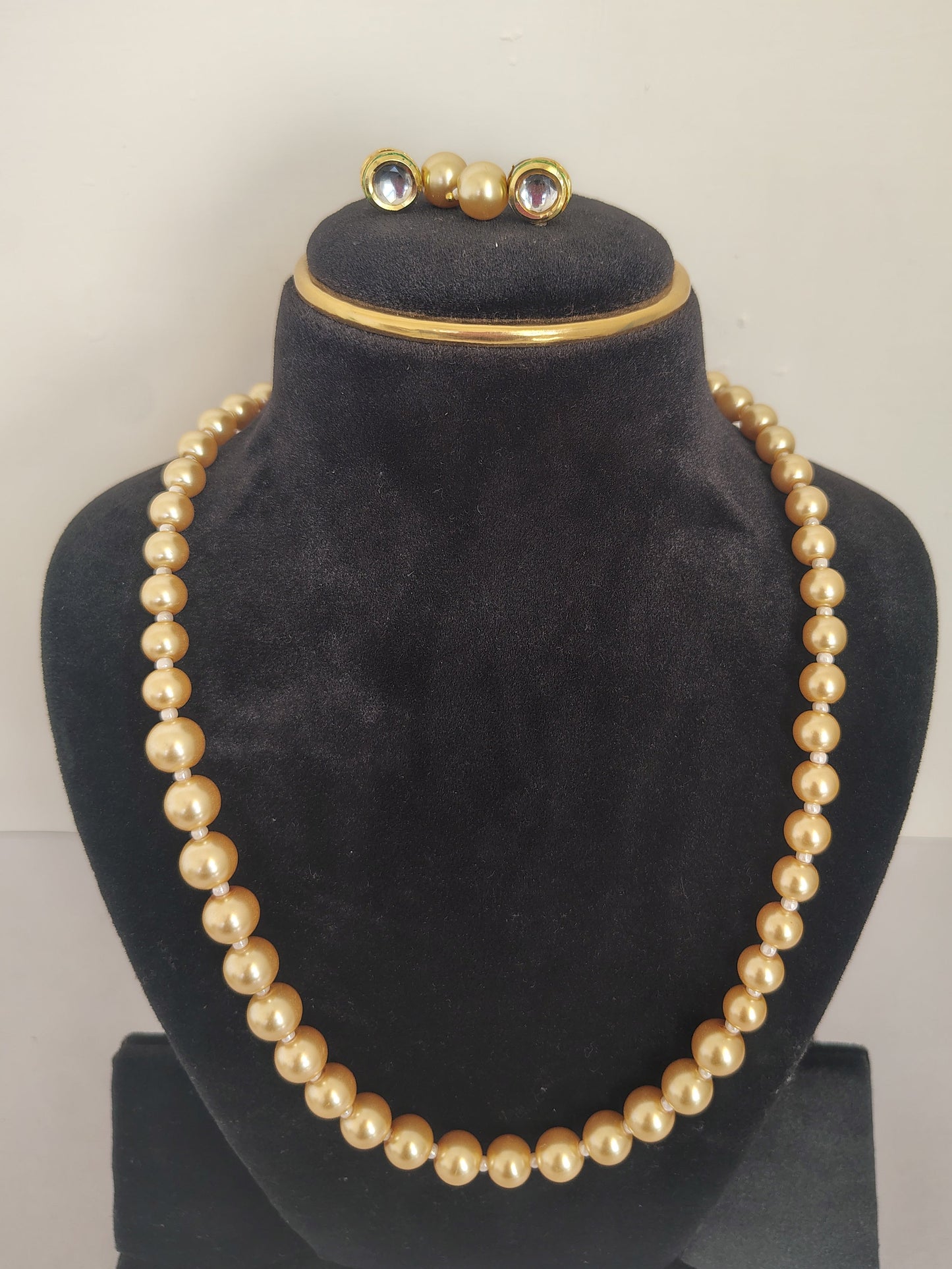 Golden Shade Pearl Necklace Set With Golden Metal Earrings