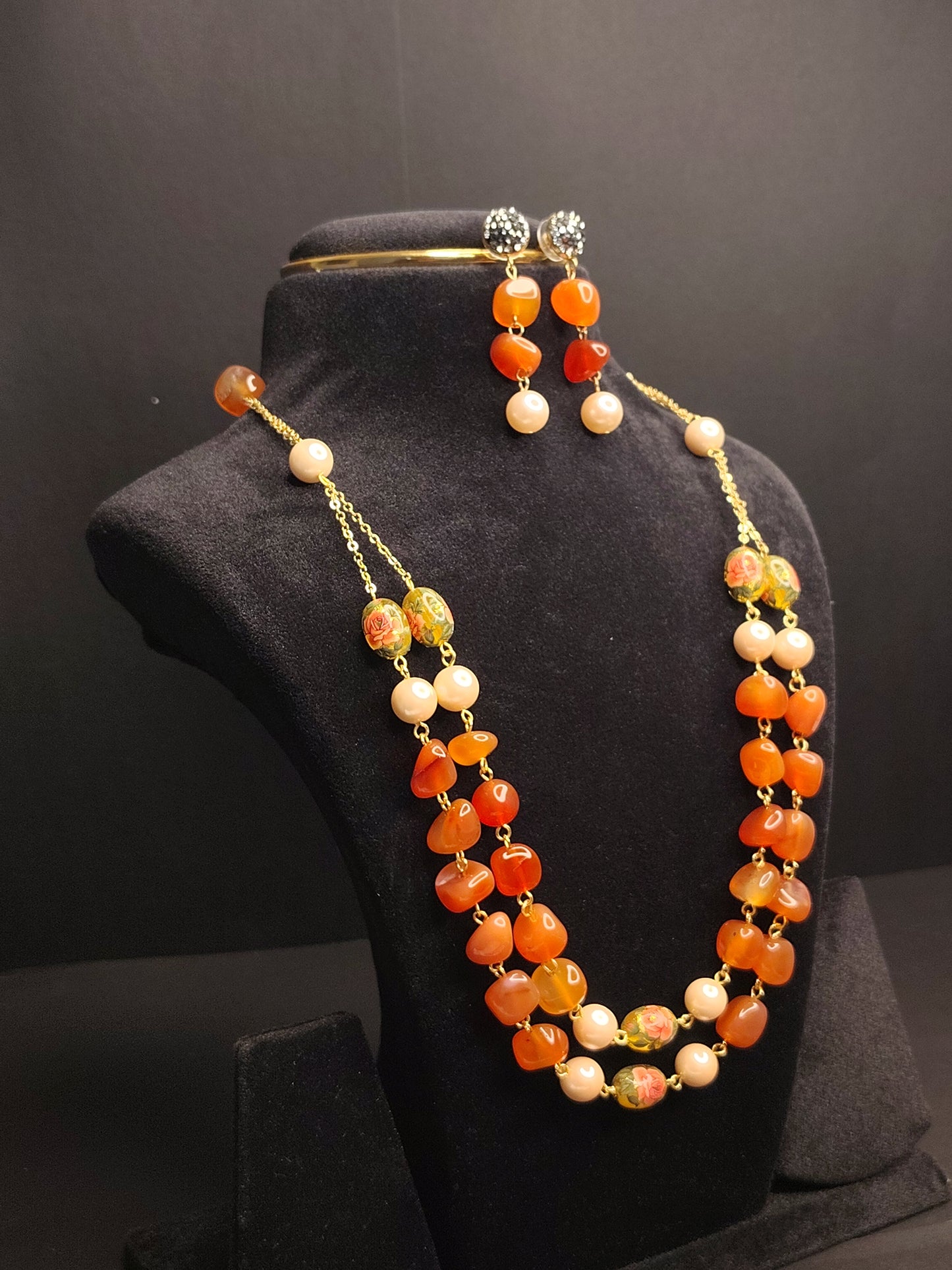 Orange Colour Beads Double layer Necklace With Matching Earrings