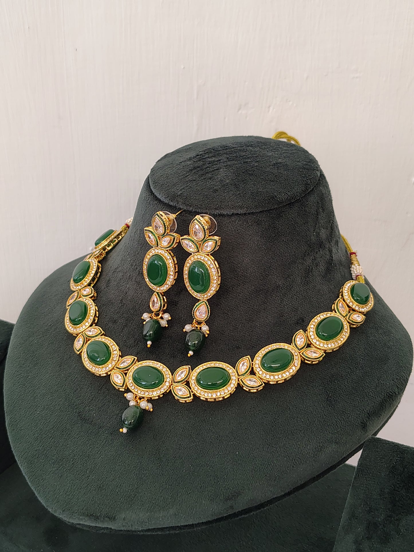 Premium Royal Green Shade Stone Studded Necklace With Earrings