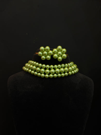 Light Green Pearl 3 layer choker with Earrings DB00530