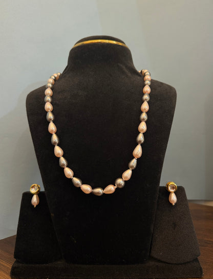 Pink and Grey drop Pearl Necklace with Earrings DB00532