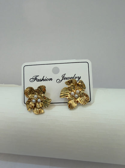 Gold Textured Flower & Pearl Stud Earrings