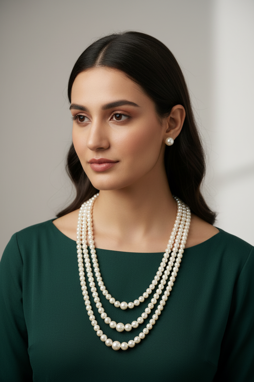 3 Strands Long White Pearl Necklace DB00320
