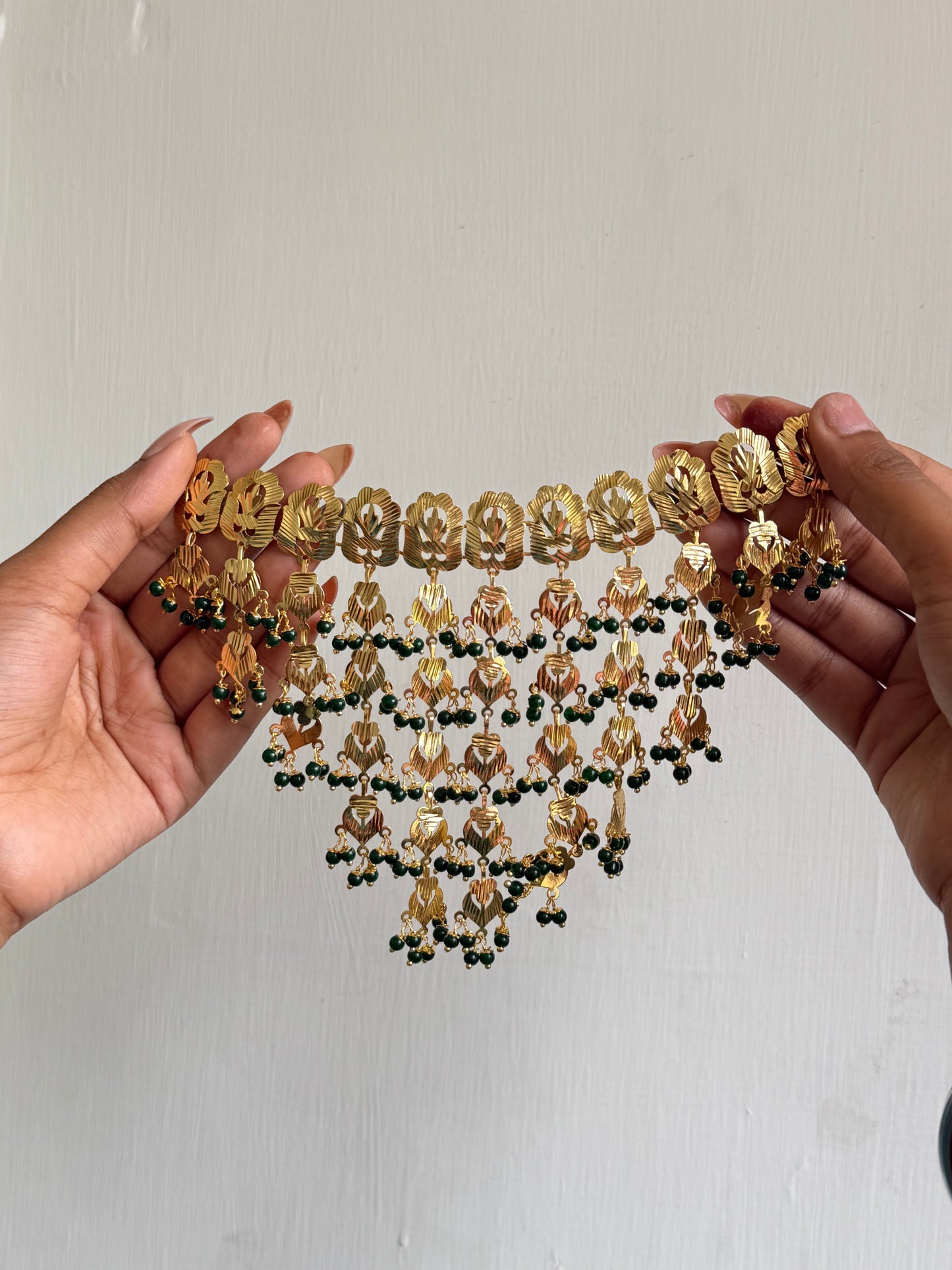 Emerald Bead Pearl Gold Patiyala Necklace with Earrings and Maangtikka Set