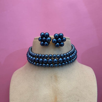 Blue Pearl 3 layer choker with Earrings DB00531