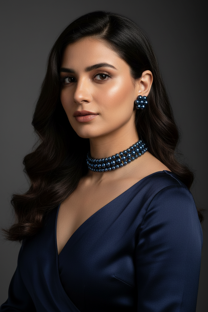 Blue Pearl 3 layer choker with Earrings DB00531